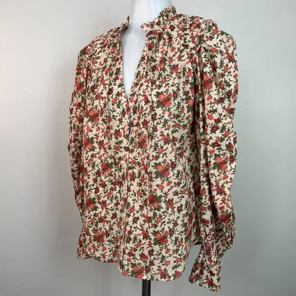 Free People Top XS Floral Orange Green Puff Sleeve Cotton Boho Blouse Women's - Picture 6 of 15
